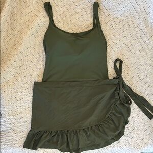 J. Crew Olive Green One Piece Swimsuit with matching swim skirt.